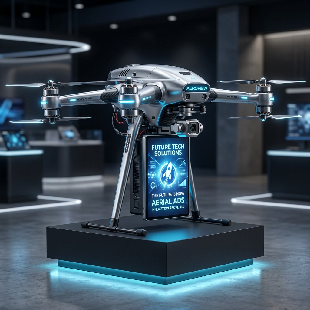 Sleek metallic silver drone with vertical LED screen